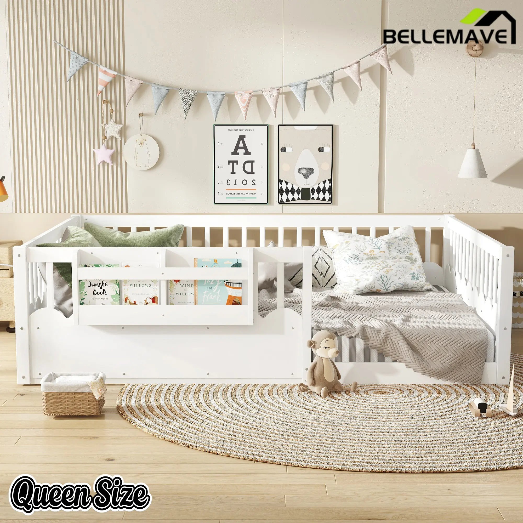 Bellemave® Queen Size Floor Bed for Kids with Heightened Safety Fence & Bookshelf, Low Profile Wood Platform Bed Frame with Storage, White Bellemave®