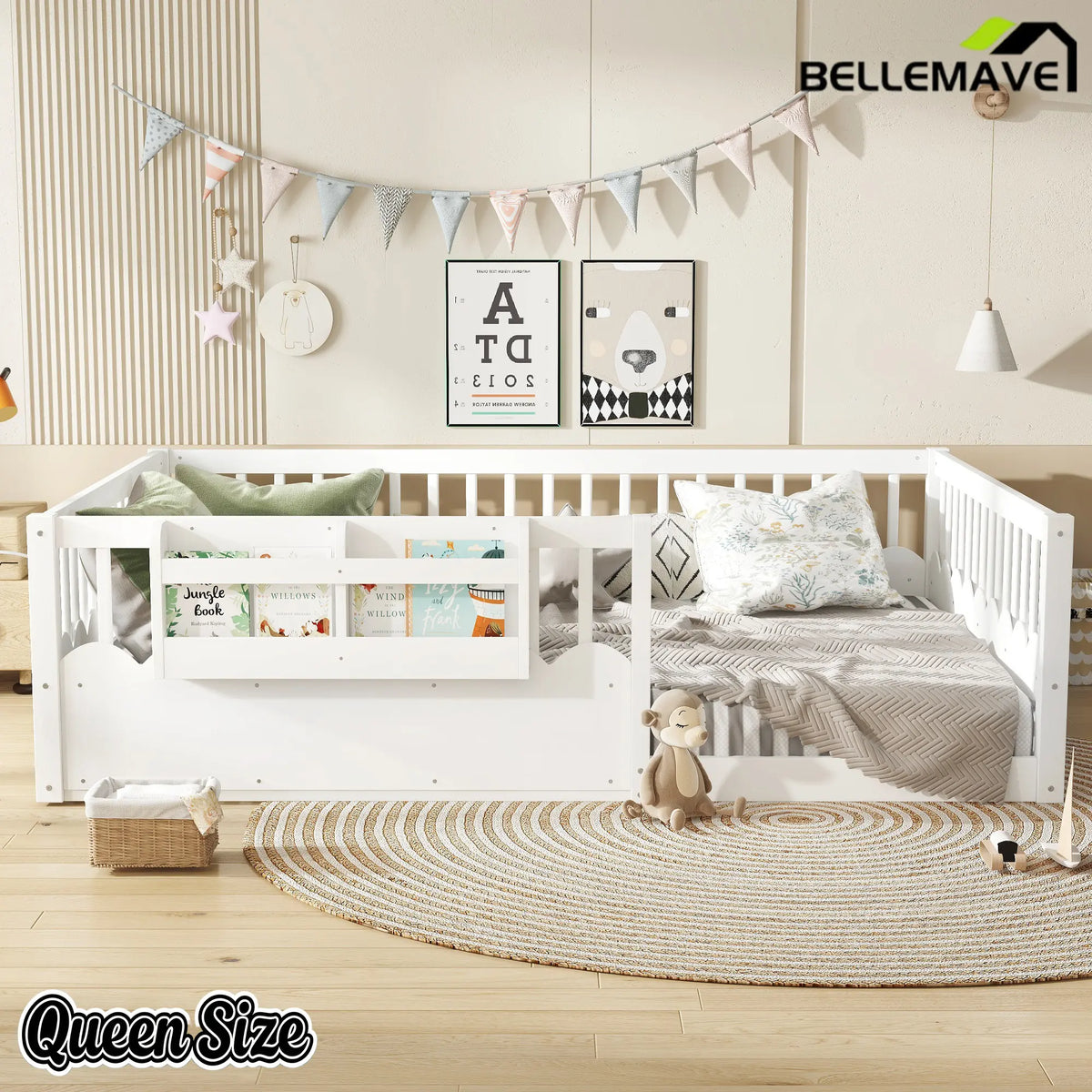 Bellemave® Queen Size Floor Bed for Kids with Heightened Safety Fence & Bookshelf, Low Profile Wood Platform Bed Frame with Storage, White Bellemave®
