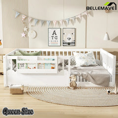 Bellemave® Queen Size Floor Bed for Kids with Heightened Safety Fence & Bookshelf, Low Profile Wood Platform Bed Frame with Storage, White Bellemave®