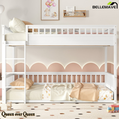 Bellemave® Queen Over Queen Bunk Bed for Kids/Adults,Floor Bunk Beds with Inclined Ladder,Solid Wood Low Bunk Bed for Teens,Girls,Boys, Detachable,White