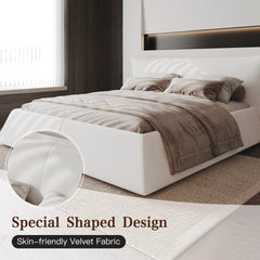 Bellemave® Upholstered Platform Bed with Velvet Headboard, Metal & Solid Wood Bed Frame, No Box Spring Needed