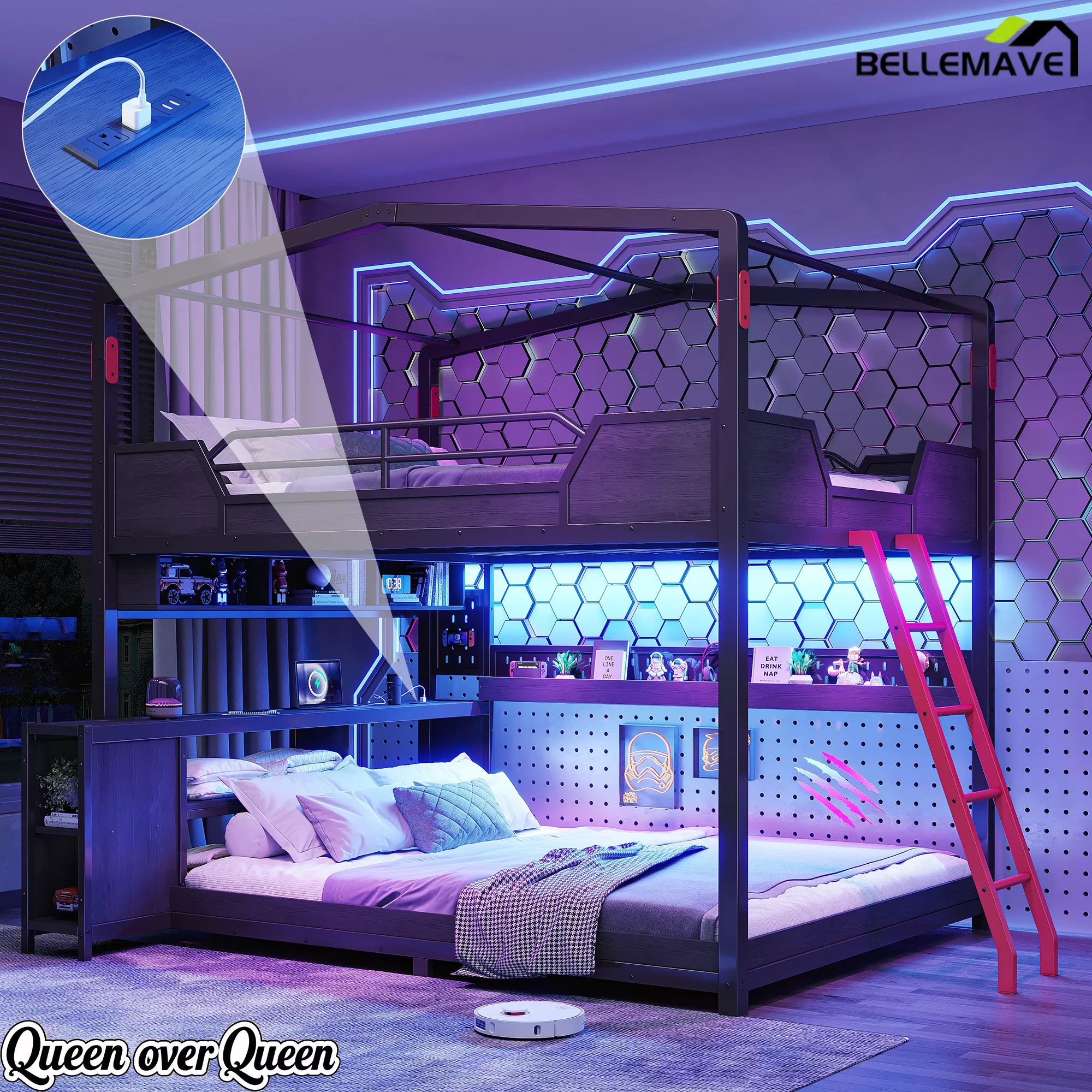 Queen over queen gaming bunk bed with LED lights and storage shelves