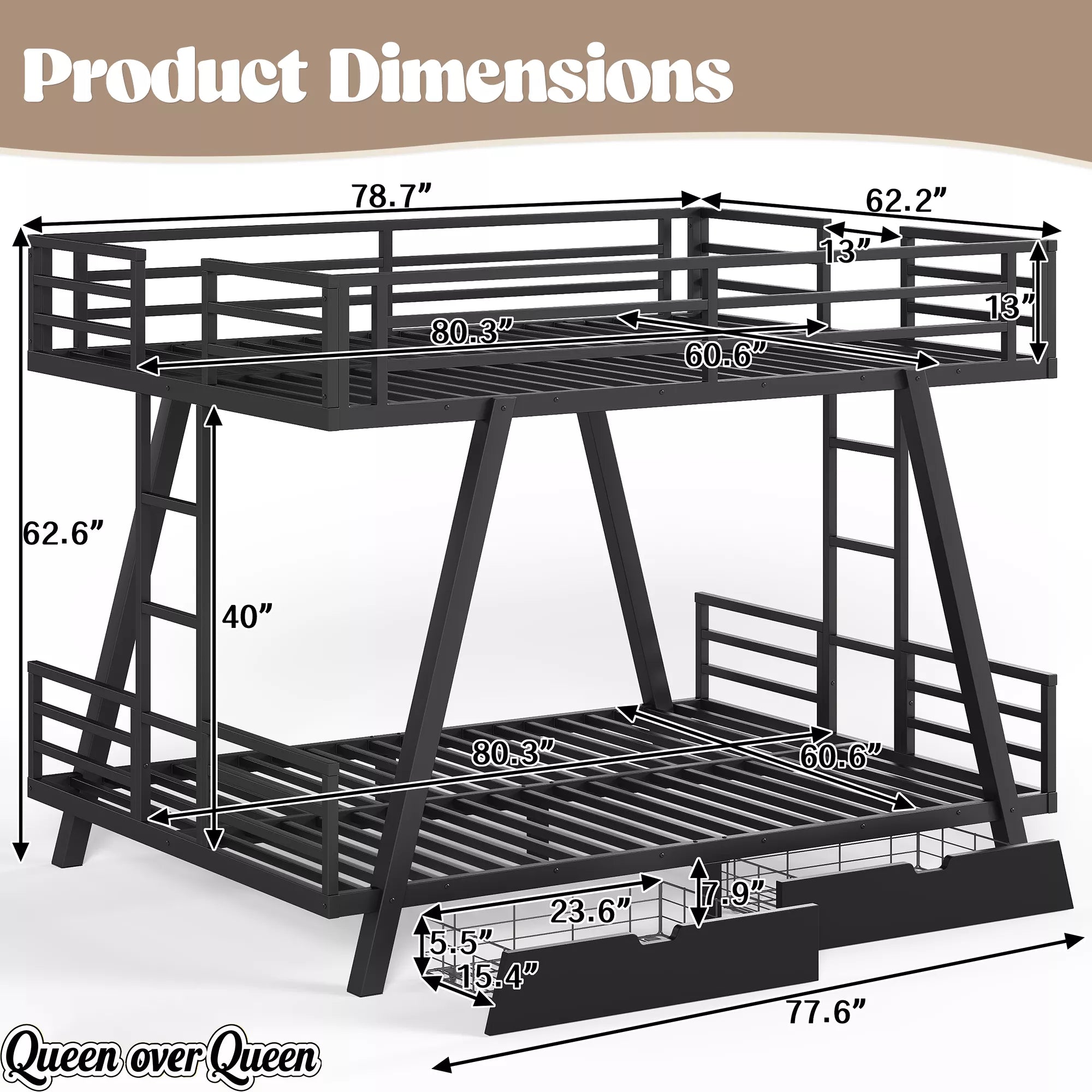 Queen over Queen metal bunk bed dimensions and frame structure