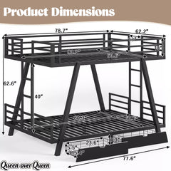 Queen over Queen metal bunk bed dimensions and frame structure