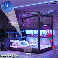 Queen over queen gaming bunk bed with LED lights and storage shelves