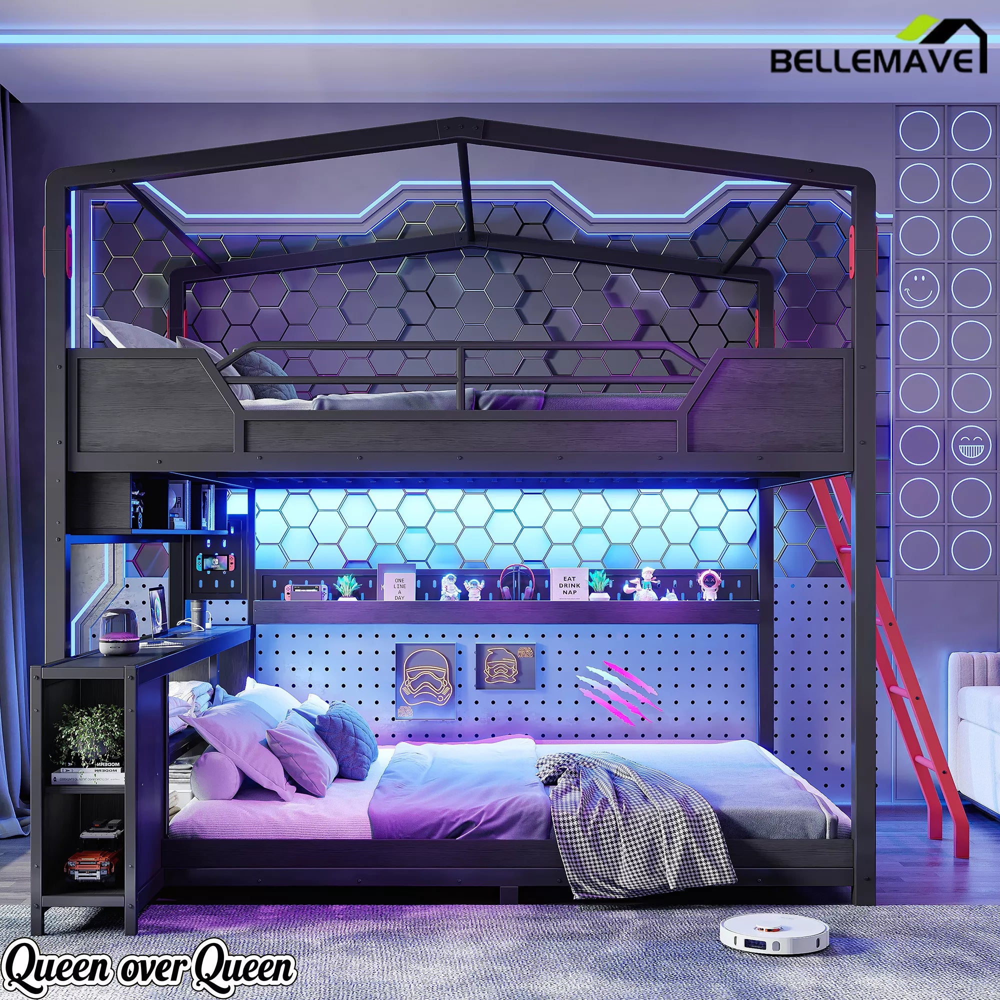 Queen over queen metal bunk bed with desk and LED gaming lights