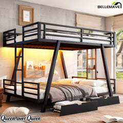 Queen over Queen black metal bunk bed with warm LED lighting