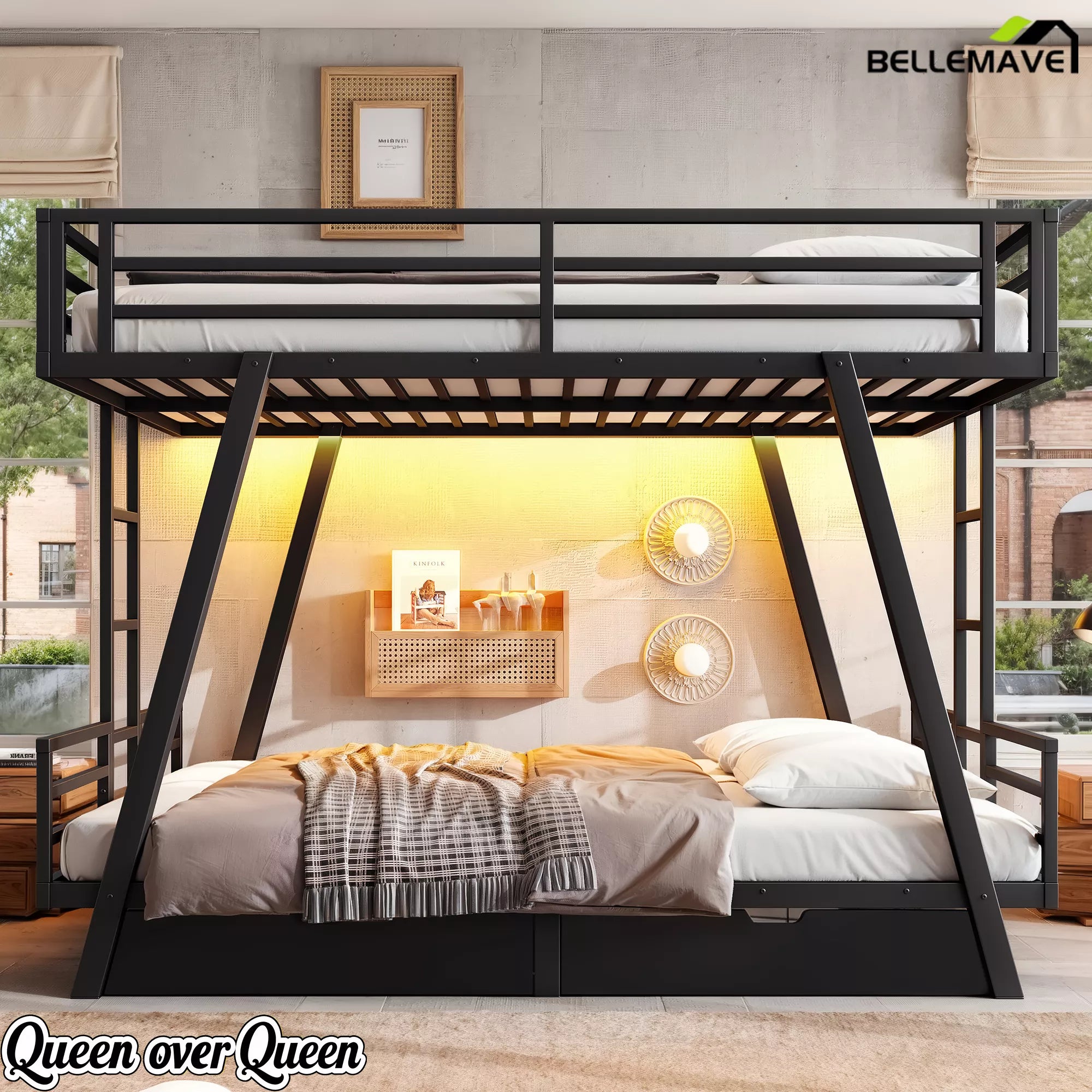 Front view of Queen over Queen bunk bed with guardrails and metal frame