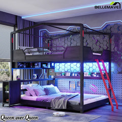 House shaped queen over queen gaming bunk bed with ladder
