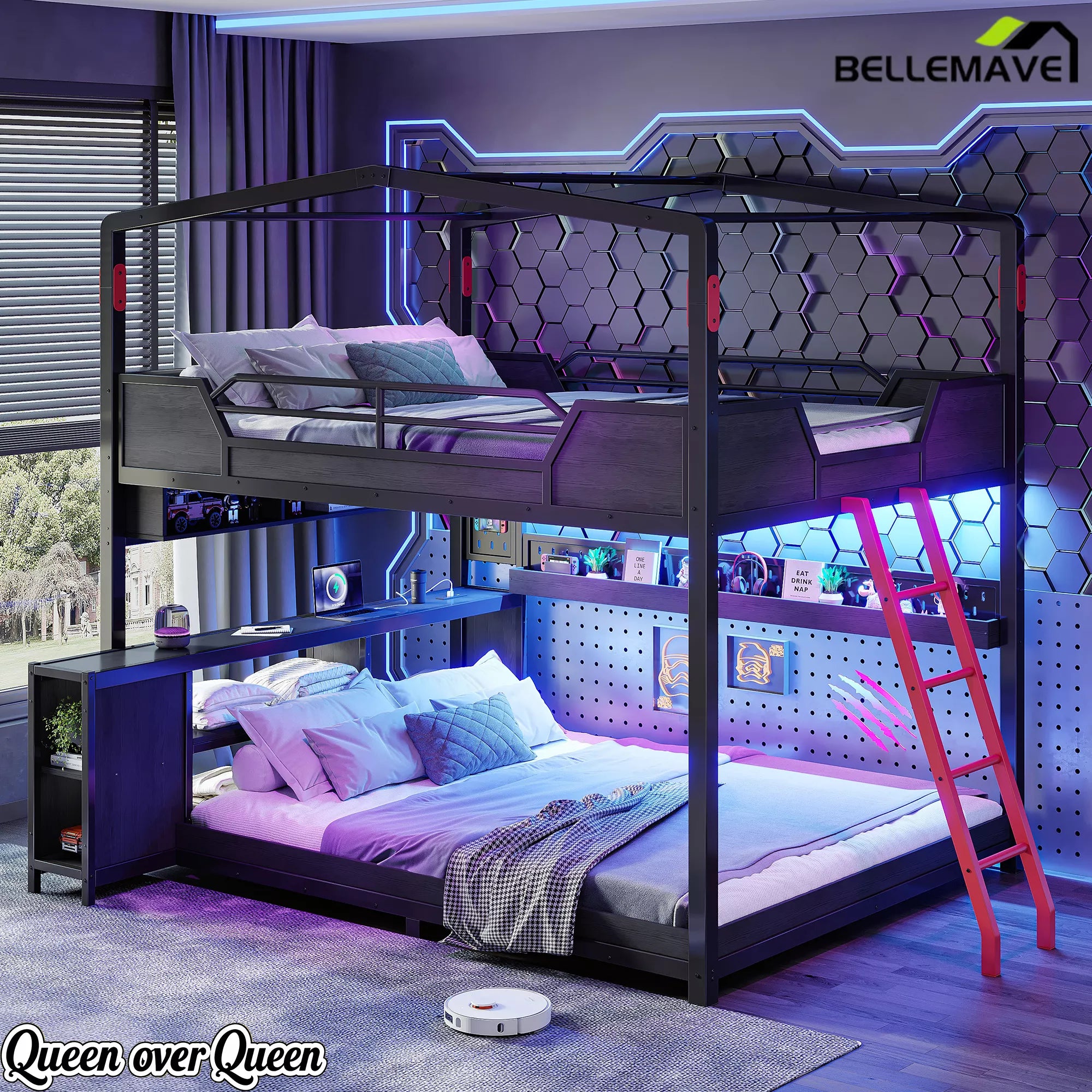 Queen over queen bunk bed frame with storage shelves and LED lights
