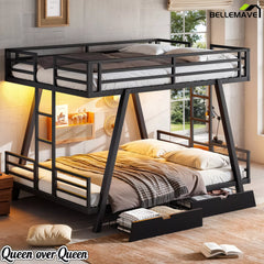 Queen over Queen black metal bunk bed with warm LED lighting and storage drawers