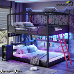 Queen over queen bunk bed frame with storage shelves and LED lights