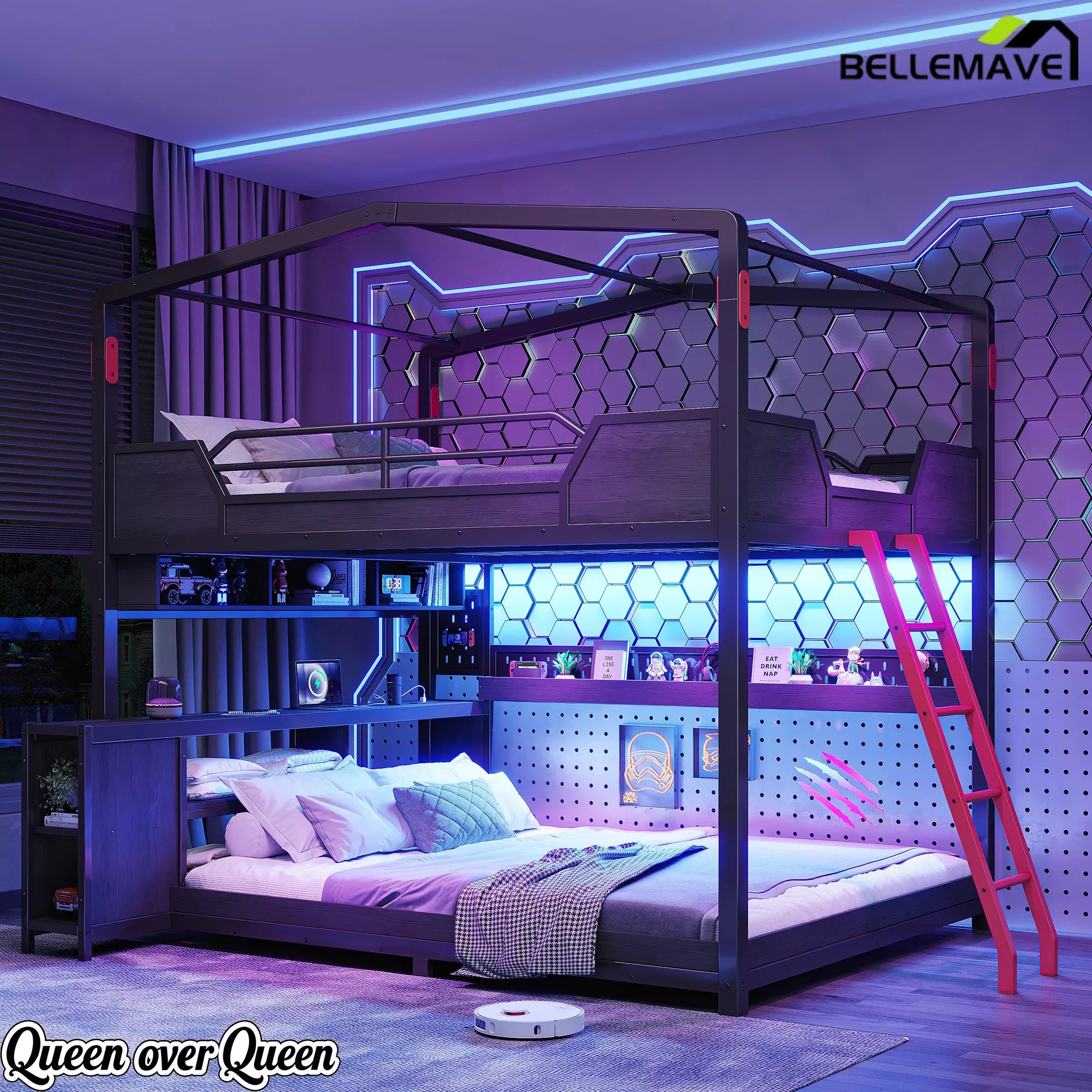 Space saving queen over queen gaming bunk bed with desk