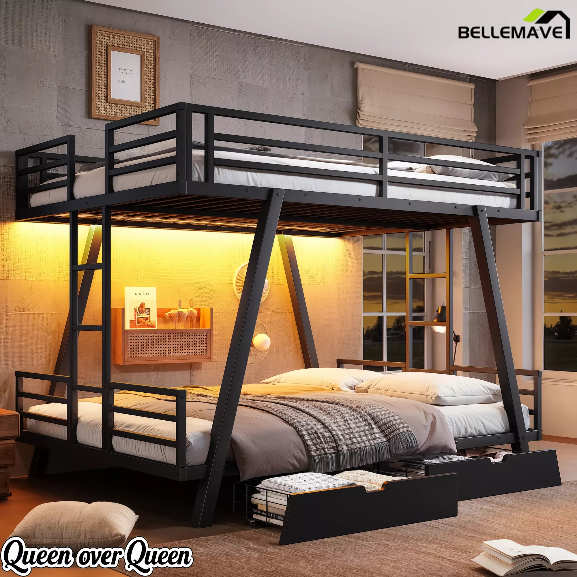 Queen over Queen metal bunk bed with warm ambient lighting in a bedroom