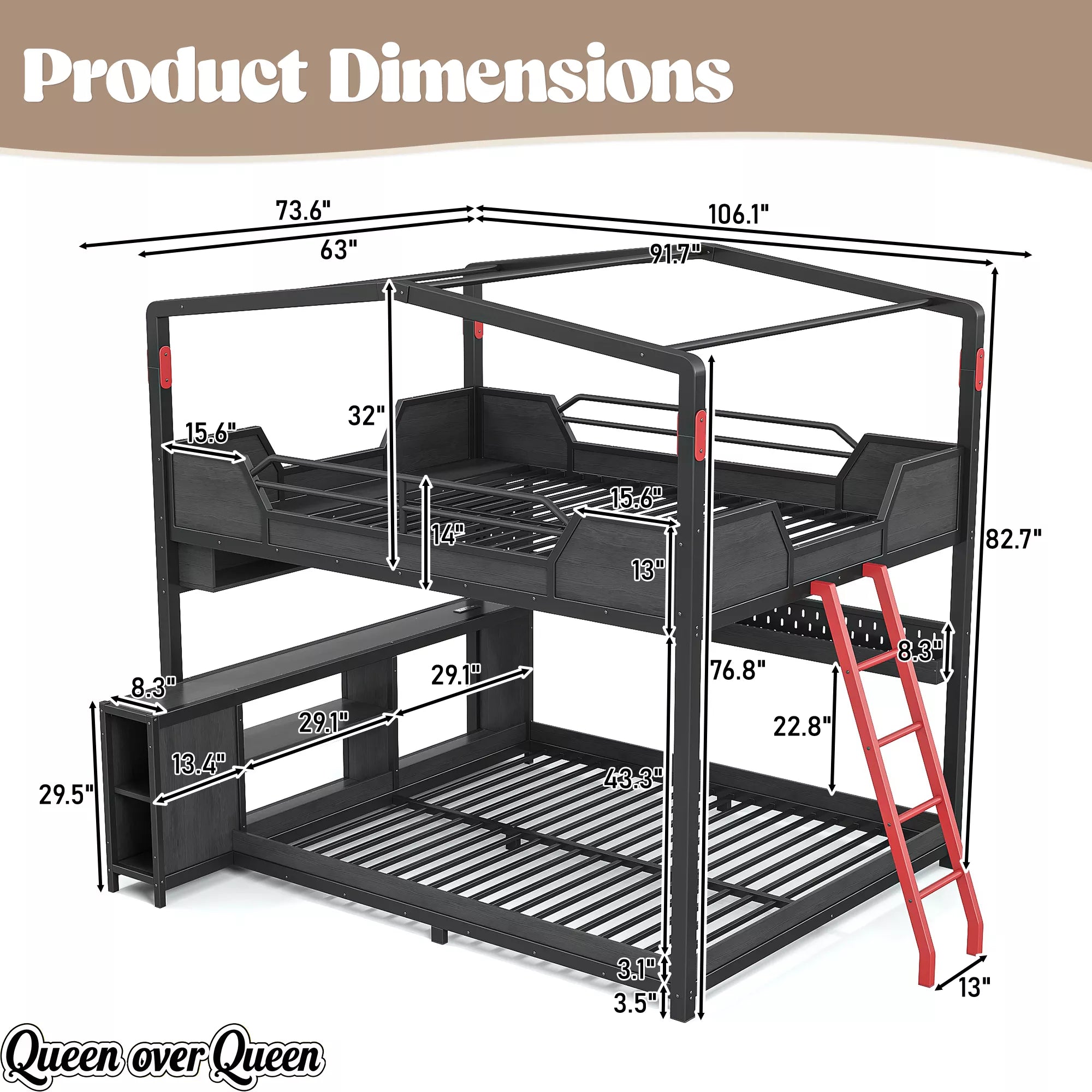 Queen over queen gaming bunk bed dimensions with desk, shelves and ladder