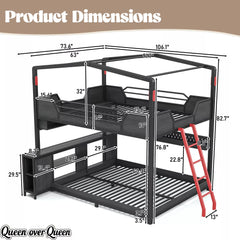 Queen over queen gaming bunk bed dimensions with desk, shelves and ladder