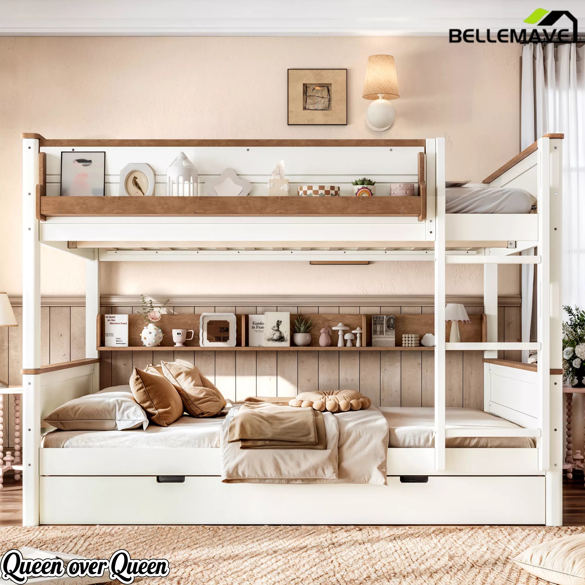 Queen over queen wood bunk bed with storage shelf