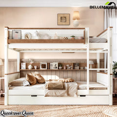 Queen over queen wood bunk bed with storage shelf