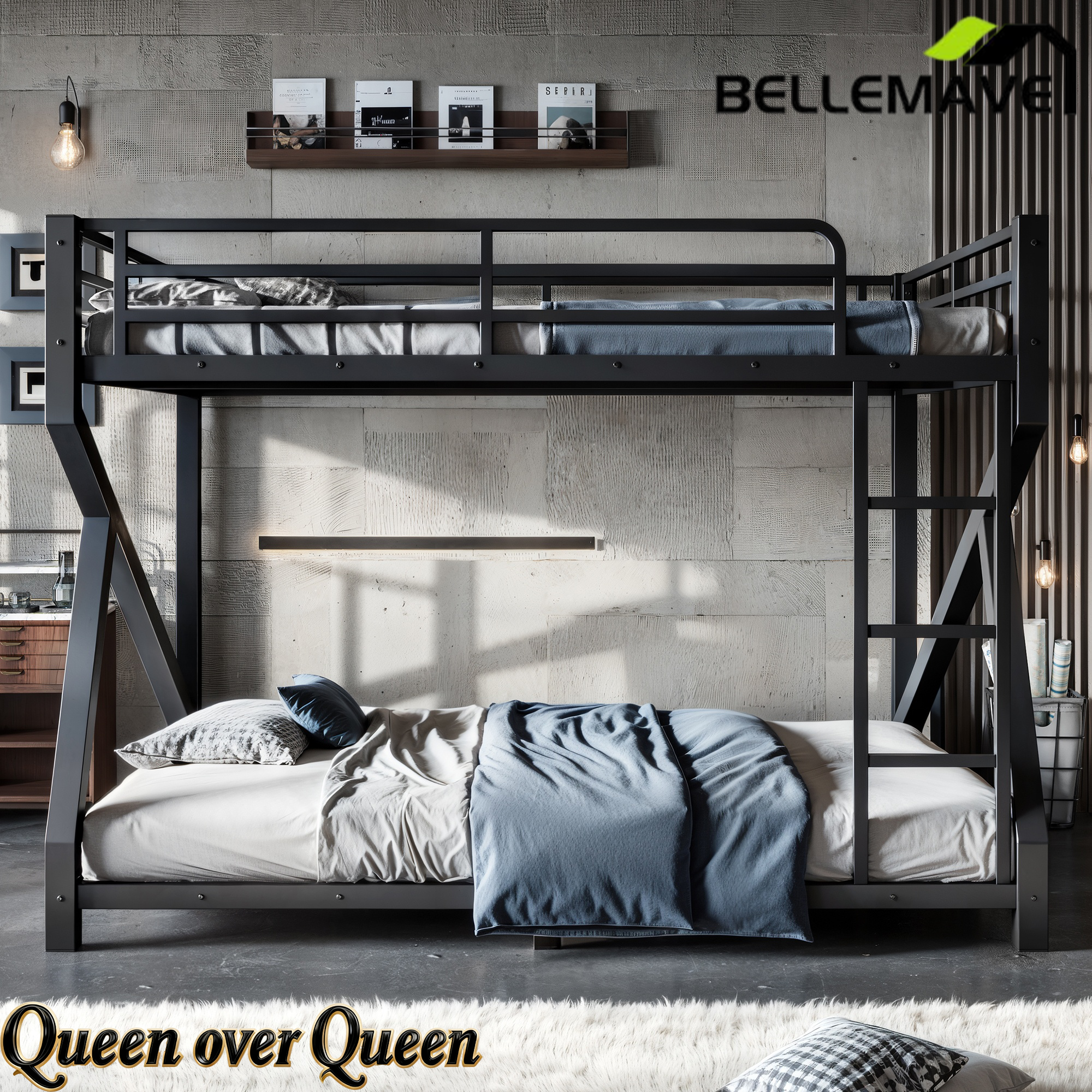 Bellemave® Bunk Bed Frame with Noise Reduced Design, Low Profile Bunk Bed with Soft Ladder Rung Cover & Fence, Heavy Buty Bunk Beds for Adults, Teens Bellemave®