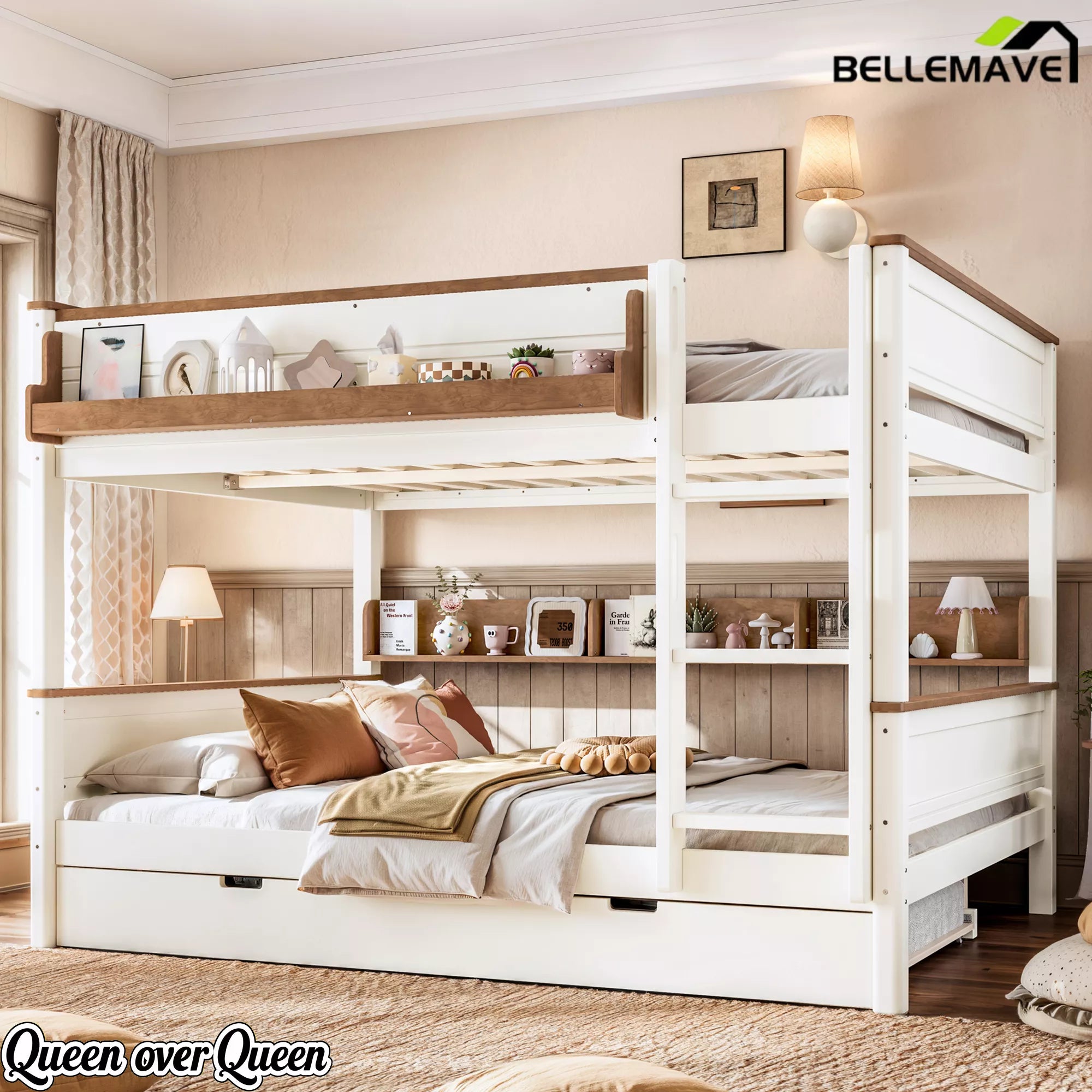 Queen over queen bunk bed with pull-out trundle
