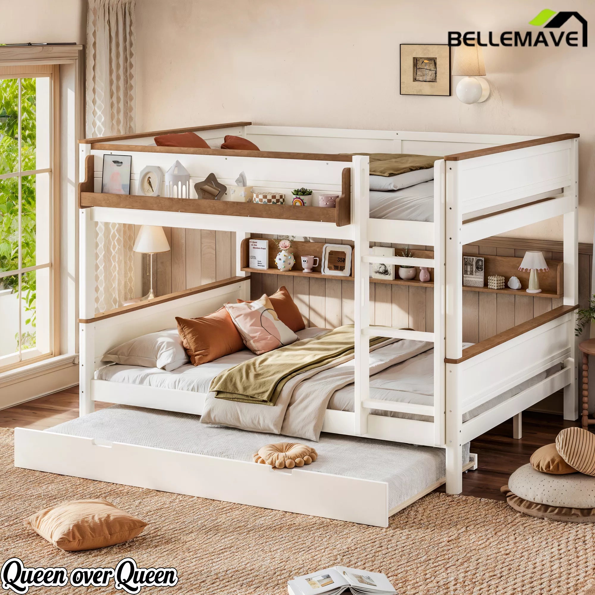 Queen over queen detachable wood bunk bed frame