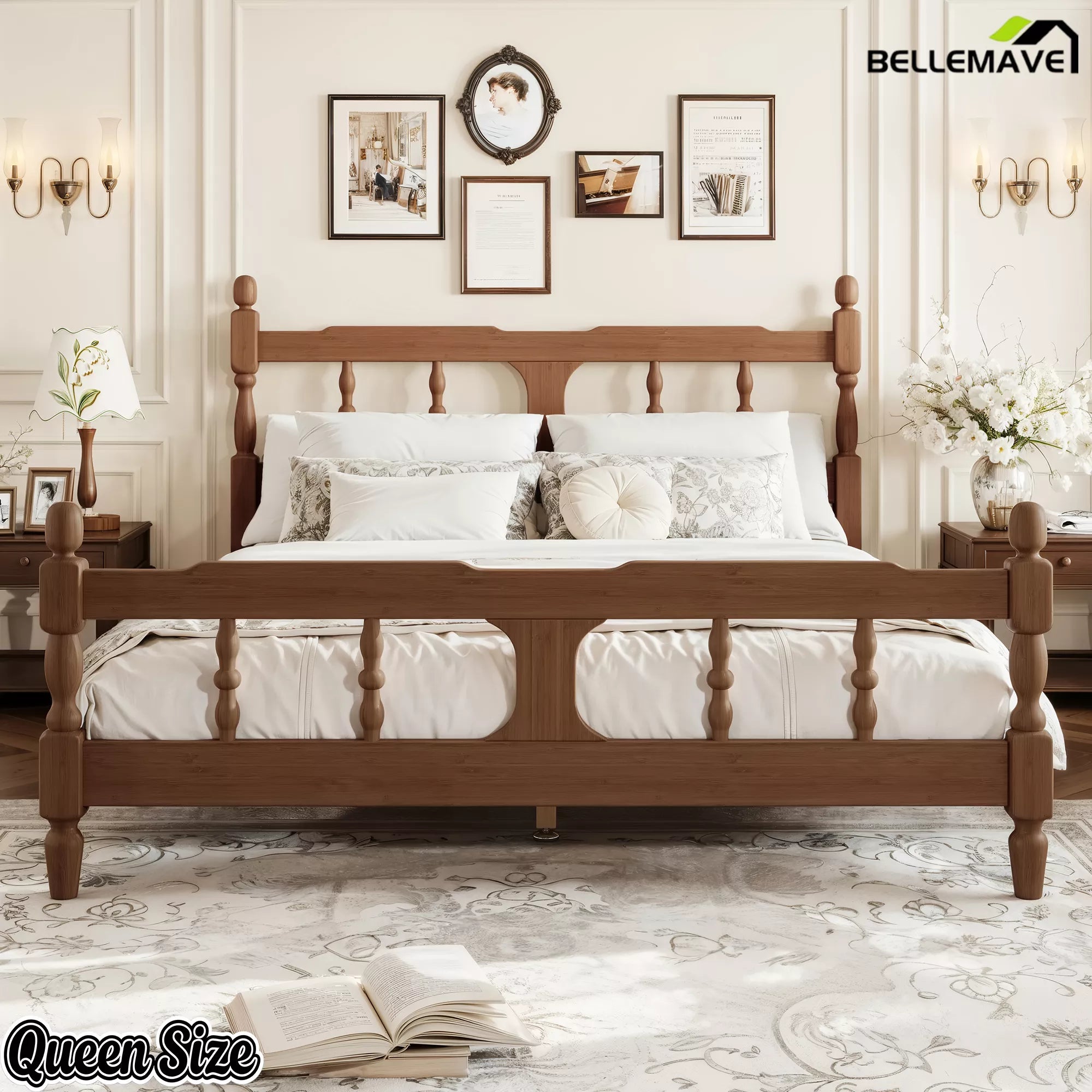 Queen bamboo platform bed with square cutout headboard and footboard