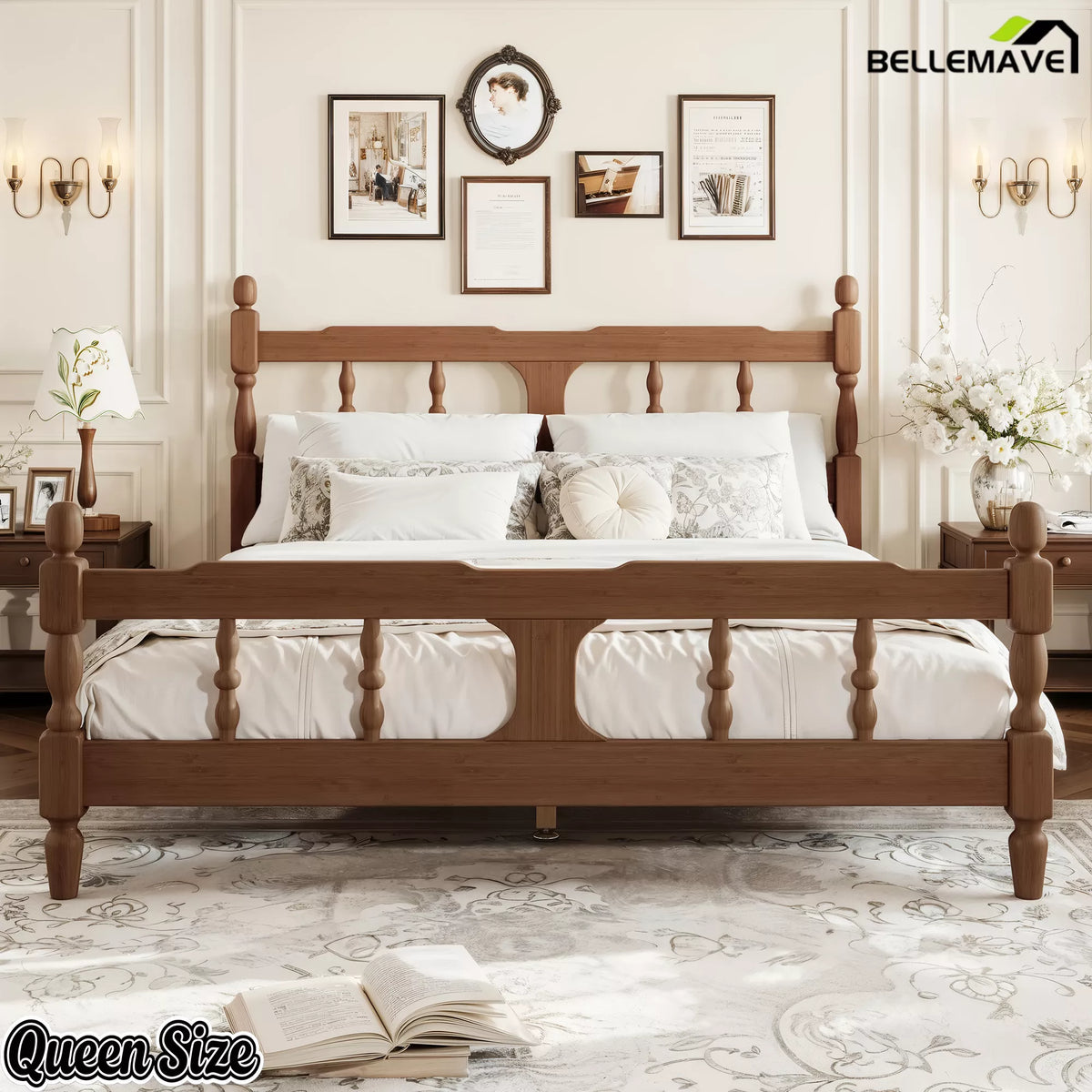 Queen bamboo platform bed with square cutout headboard and footboard