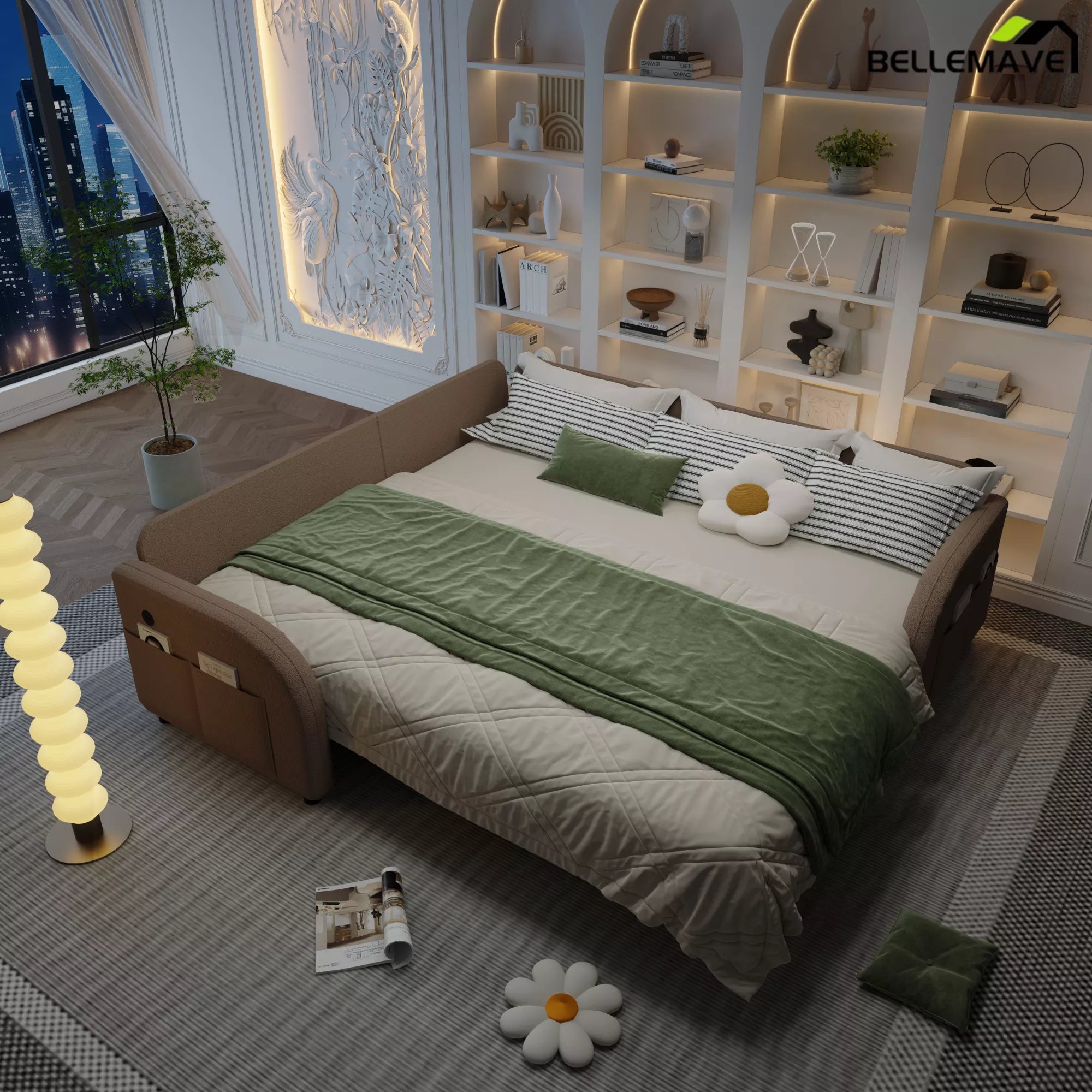 Brown sleeper sofa bed nighttime scene