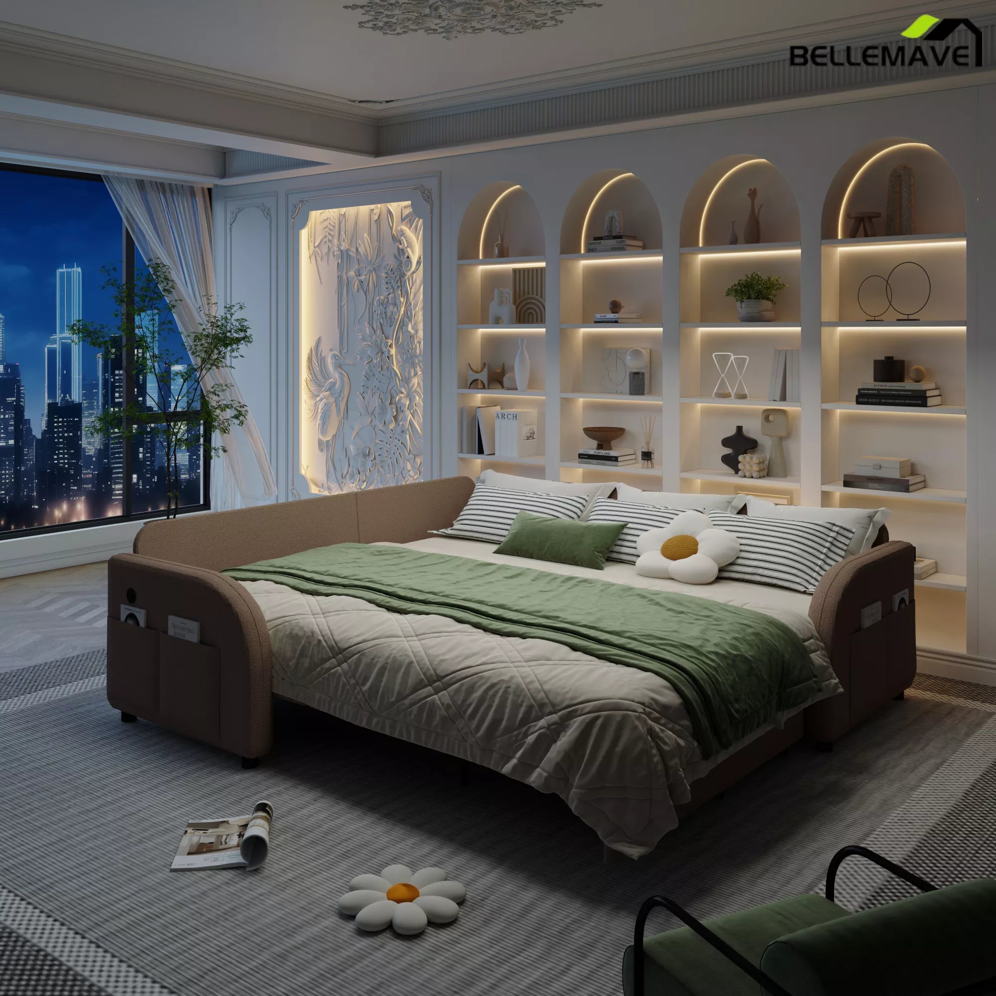 Brown convertible sofa bed bedroom setup