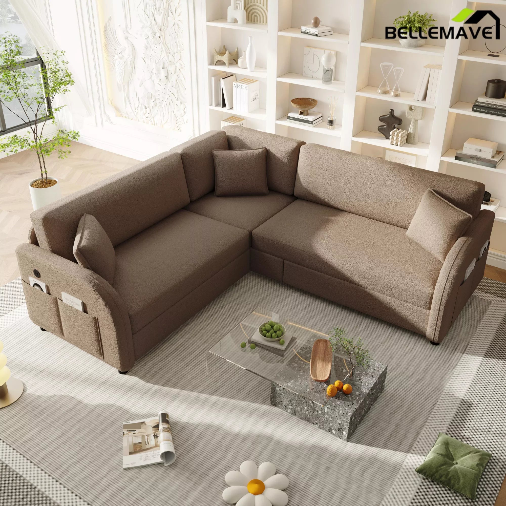 Brown L shaped sectional sofa front view