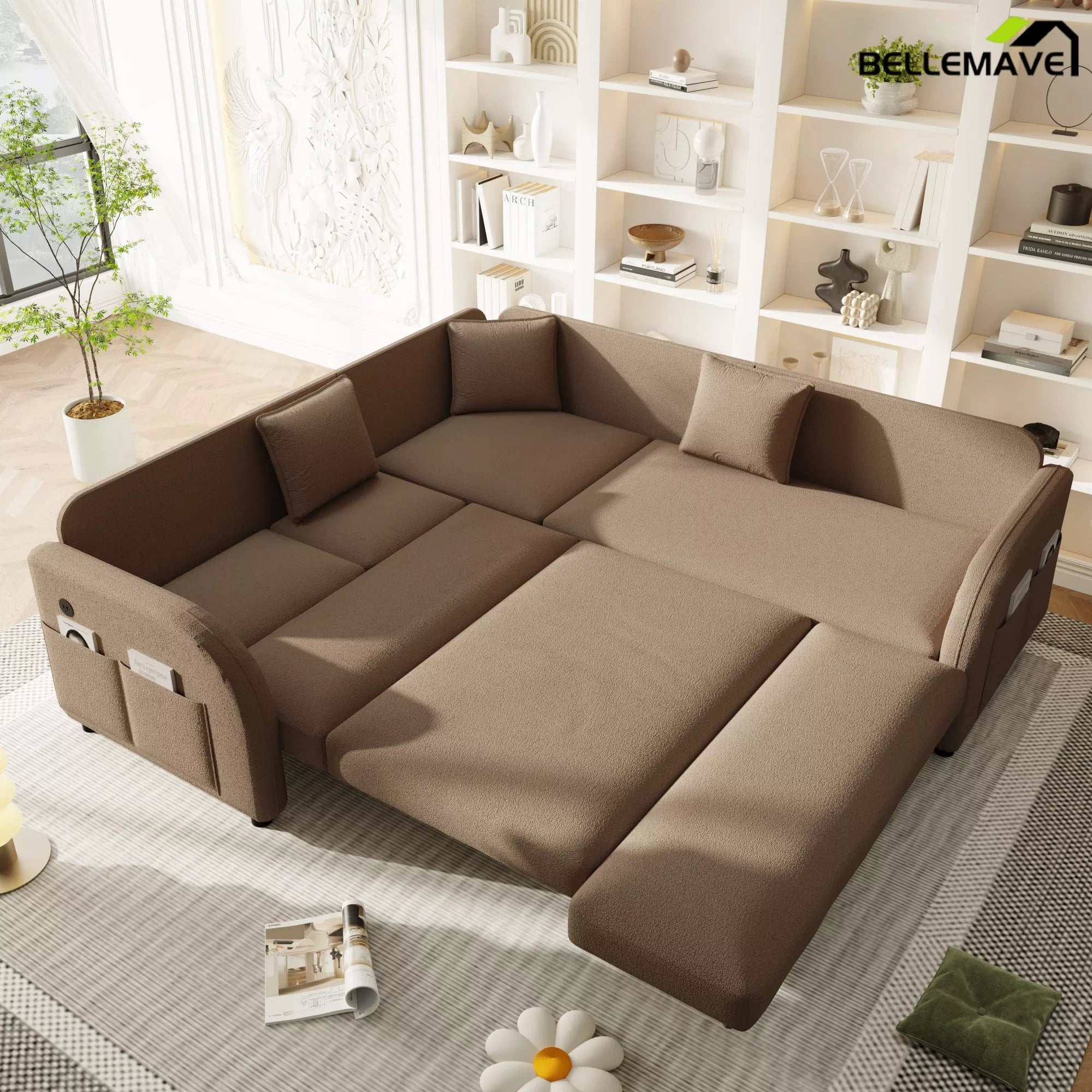 Brown pull out sofa bed open configuration