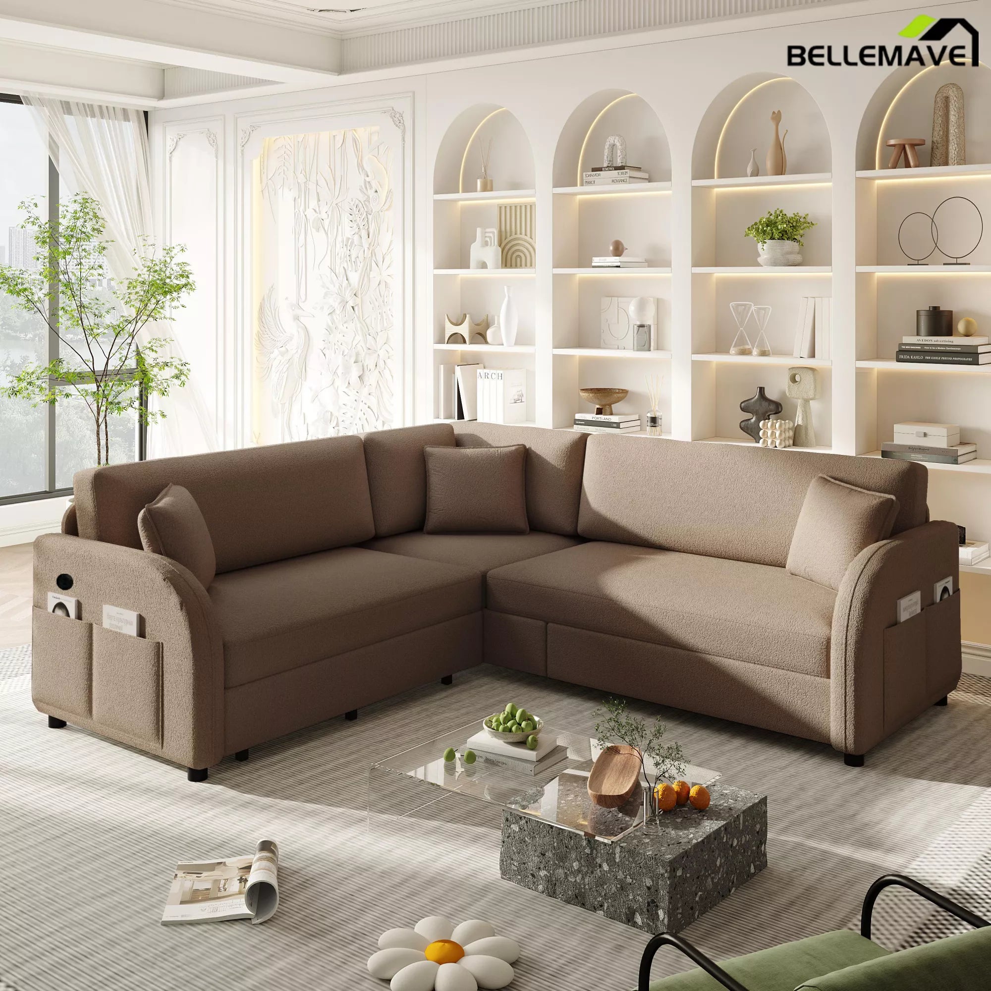 Brown reversible chaise sofa living room scene