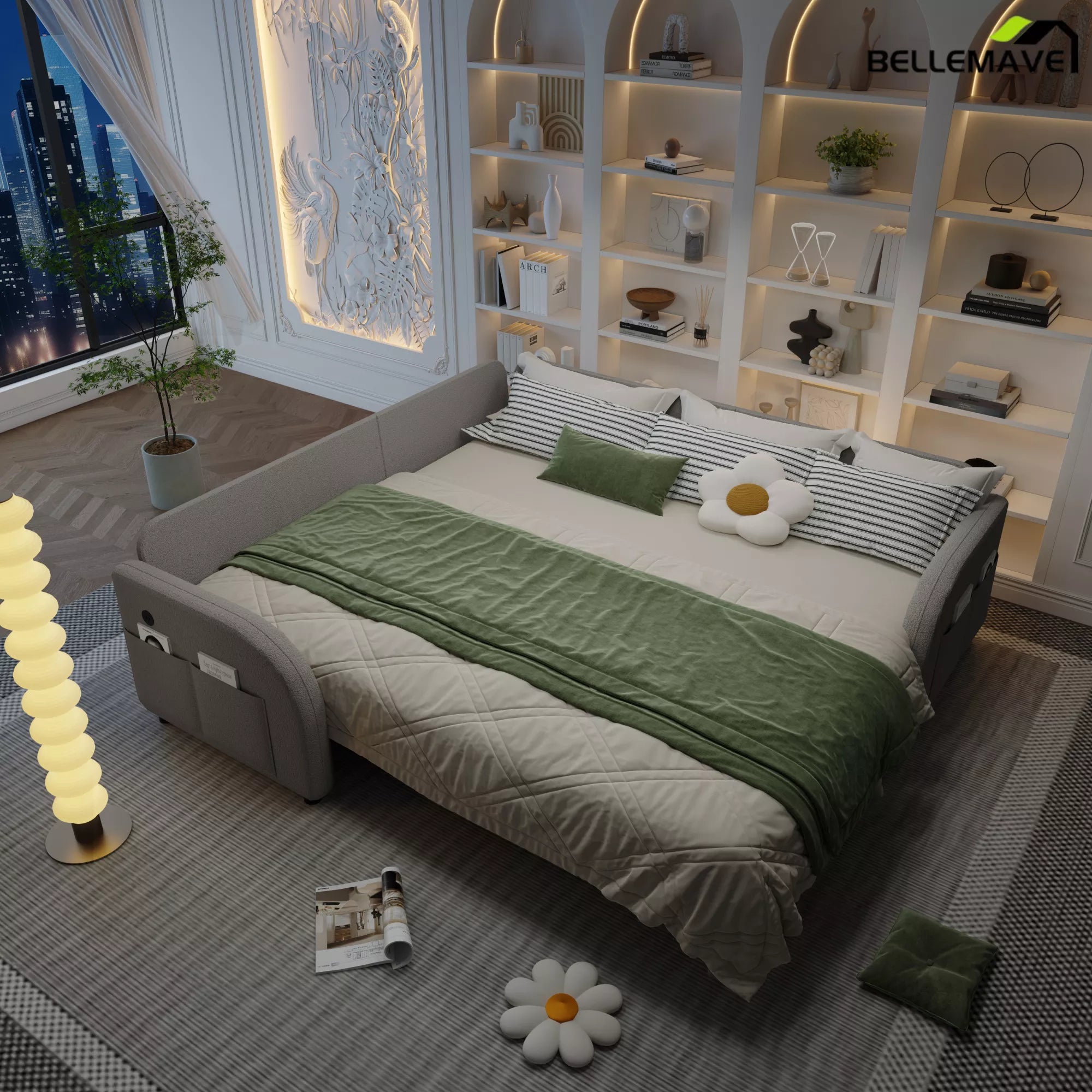 Gray sleeper sofa bed nighttime scene