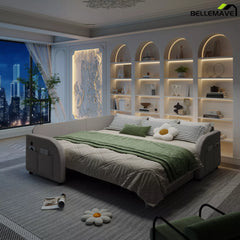 Gray convertible sofa bed bedroom setup