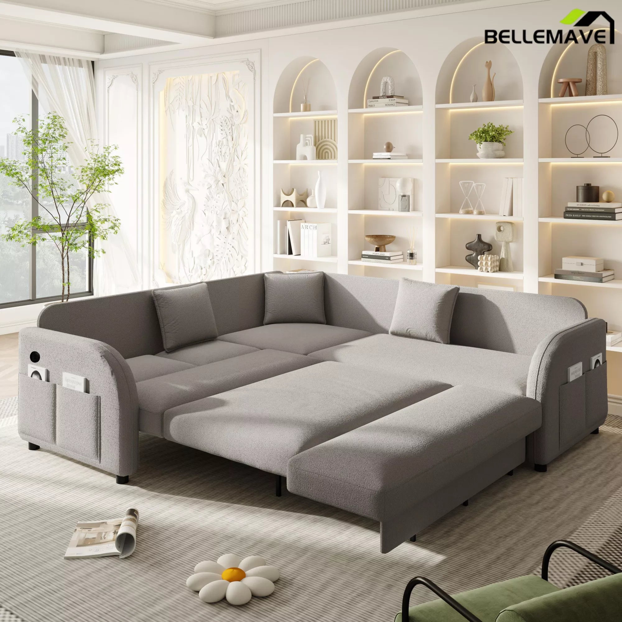 Gray sleeper sofa bed extended configuration