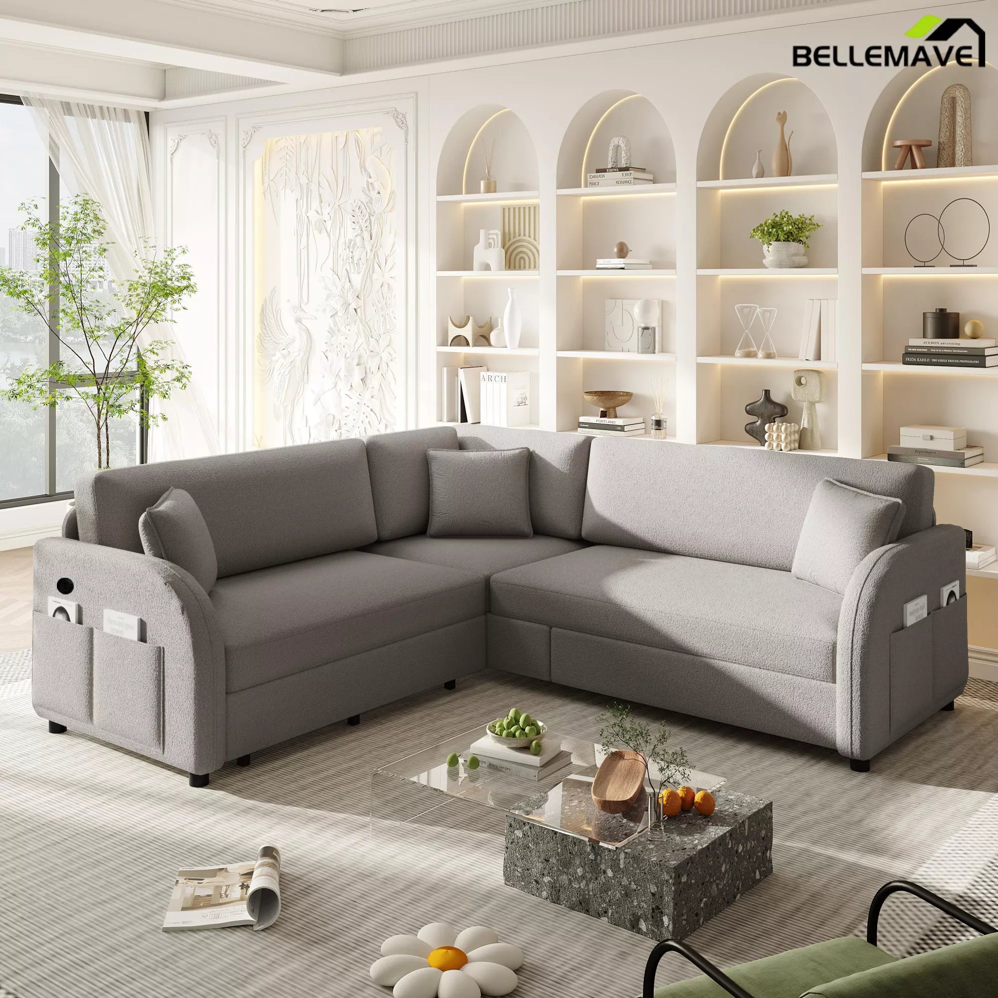 Gray L shaped sofa couch living room scene