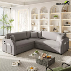 Gray L shaped sofa couch living room scene