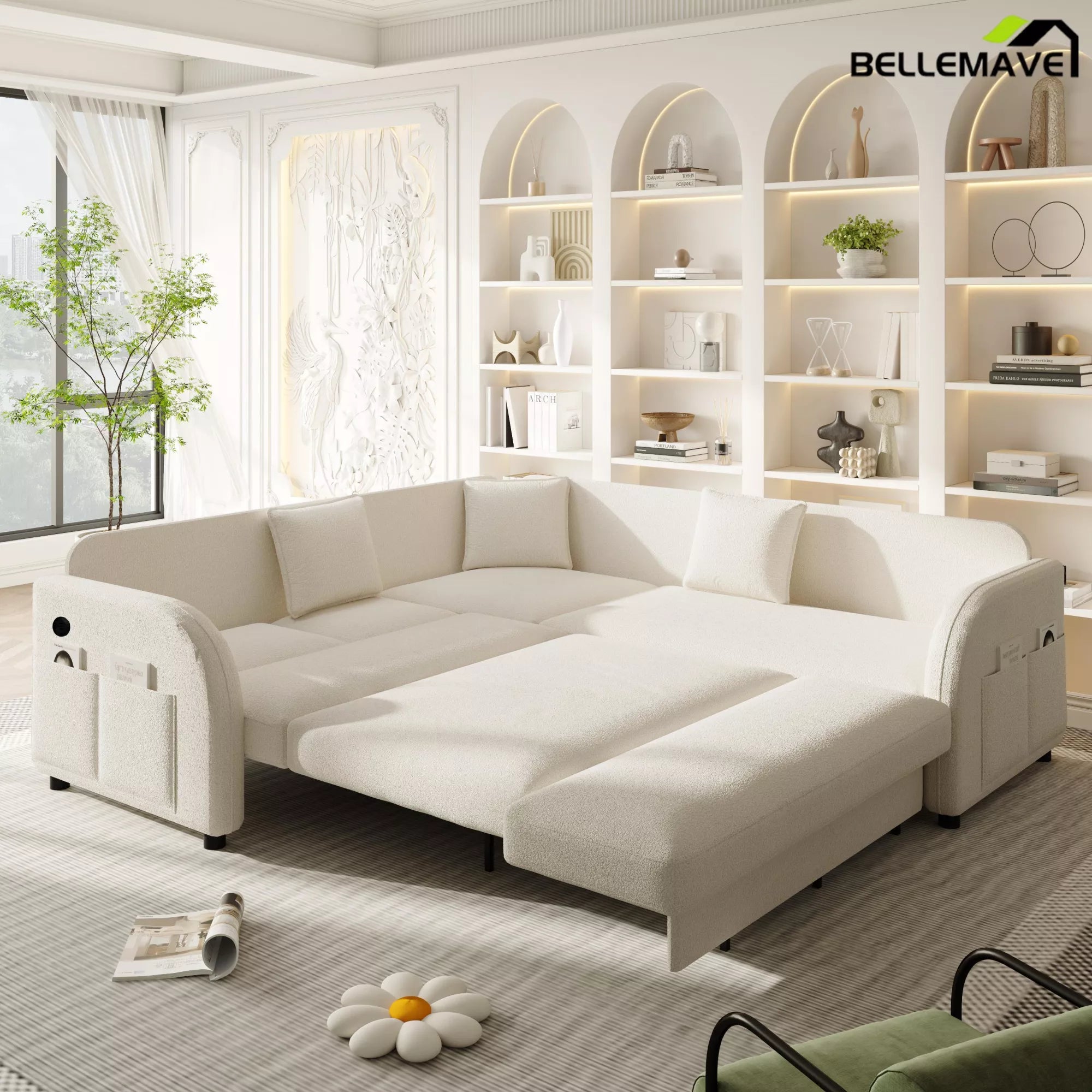 White sleeper sofa bed extended position