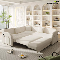 White sleeper sofa bed extended position