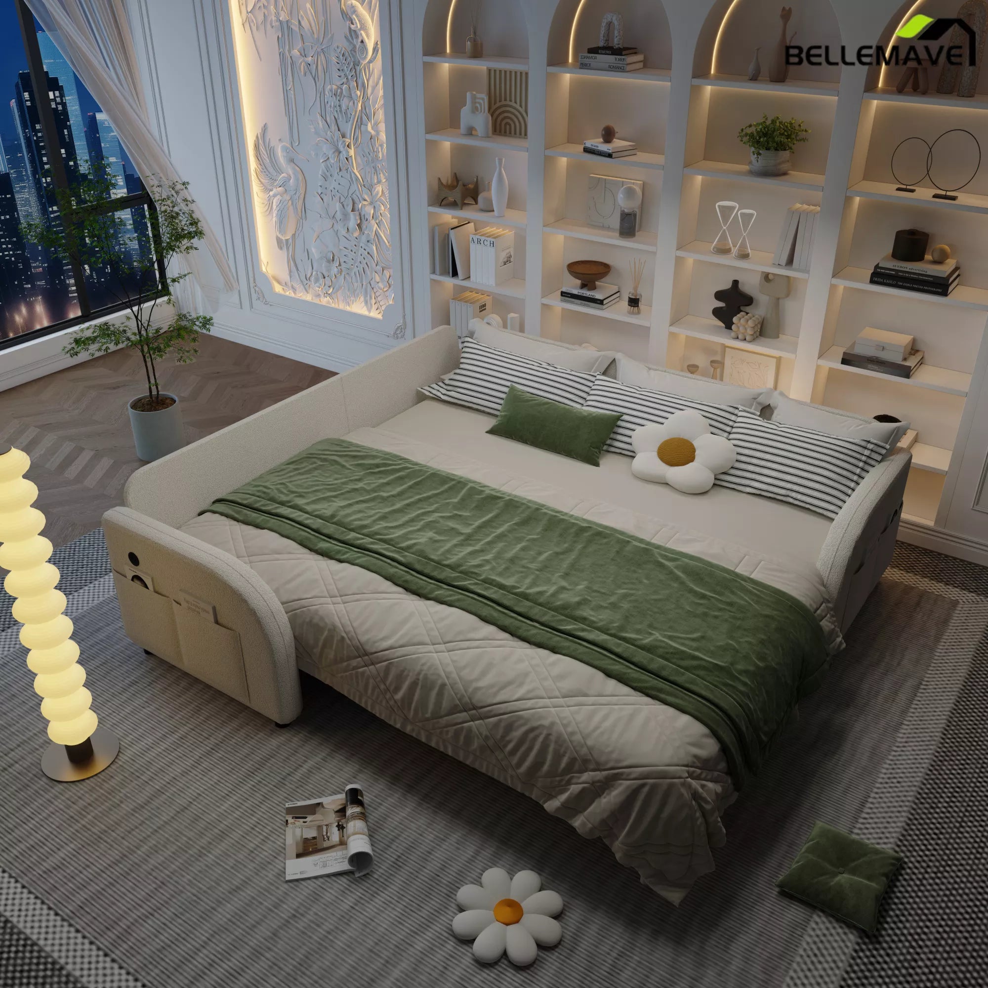 White sofa bed nighttime sleeping scene