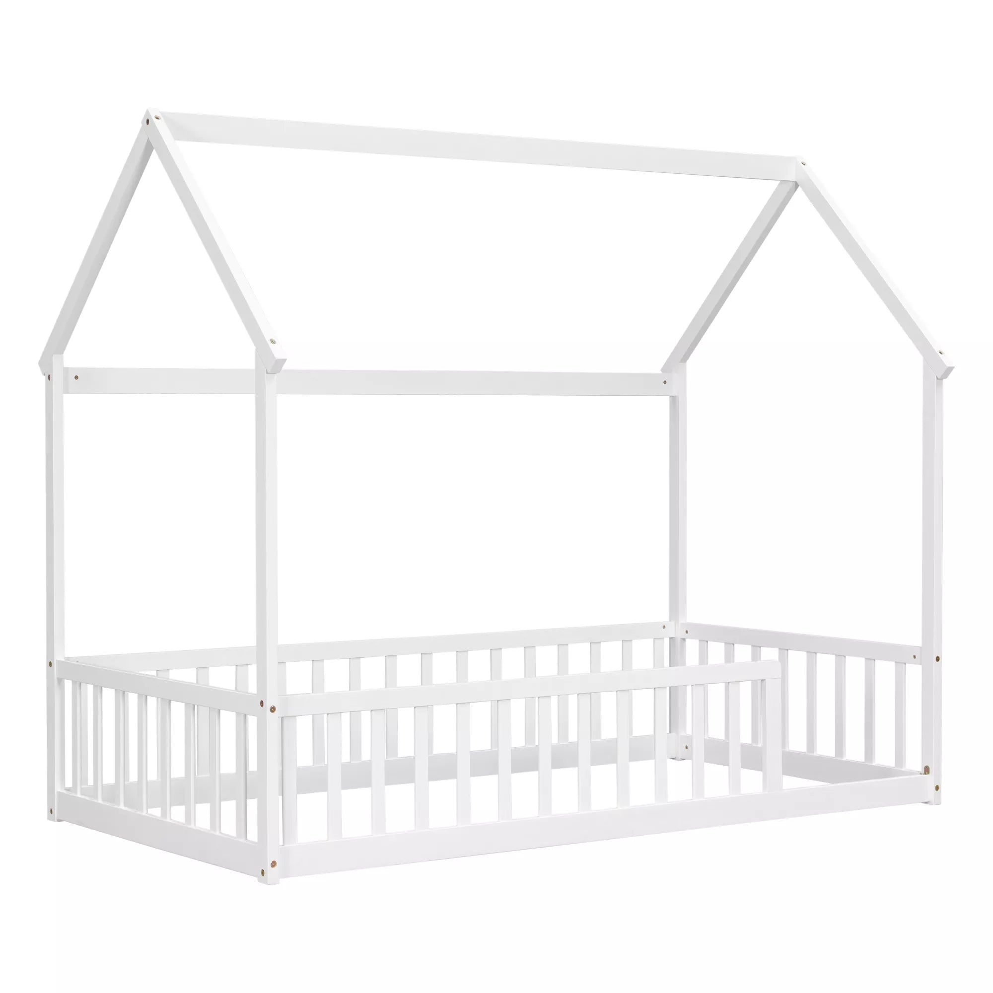 Side view of Bellemave® wood house floor bed frame isolated on white