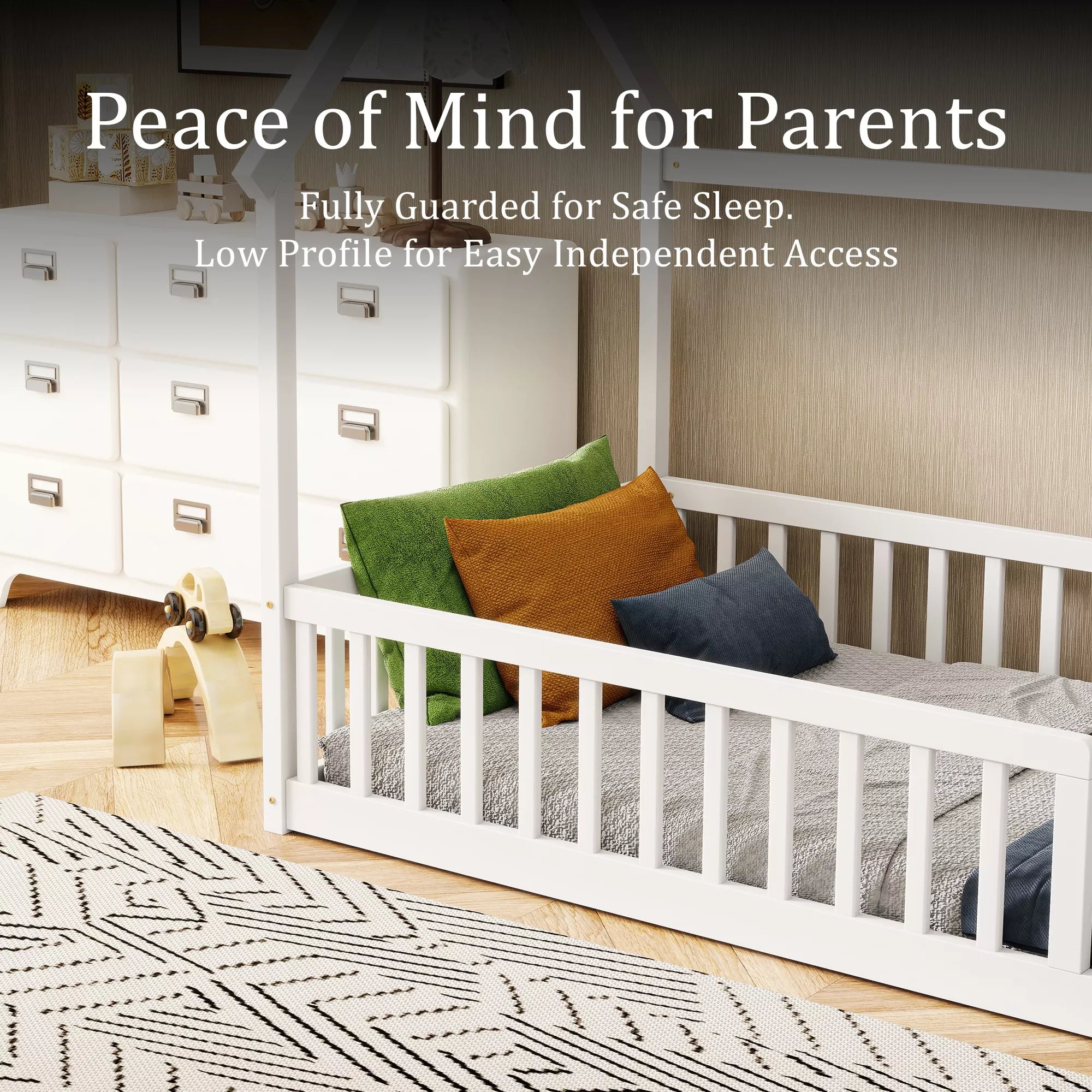 Low profile Montessori floor bed frame close to ground safety detail by Bellemave®