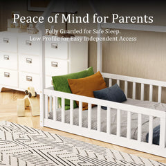 Low profile Montessori floor bed frame close to ground safety detail by Bellemave®