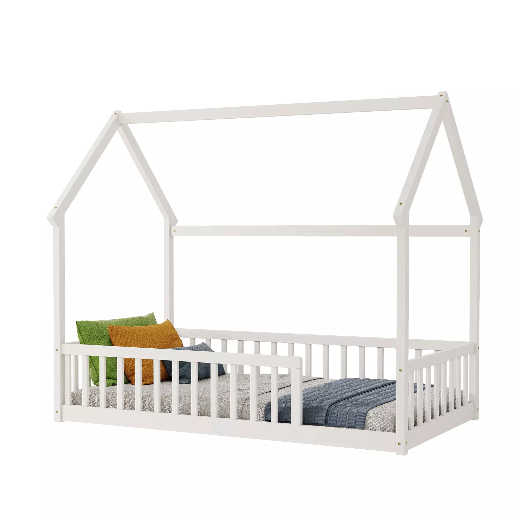 3D angle view of Bellemave® kids house floor bed frame white background