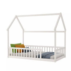 3D angle view of Bellemave® kids house floor bed frame white background