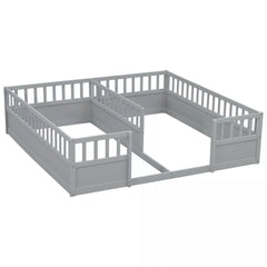 Bellemave® Double Twin Floor Bed with Guardrails, Pine Wood Kids Floor Bed with Open Entrance, Semi-Enclosed Montessori Bed Frame