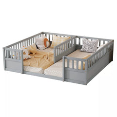 Bellemave® Double Twin Floor Bed with Guardrails, Pine Wood Kids Floor Bed with Open Entrance, Semi-Enclosed Montessori Bed Frame