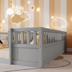 Bellemave® Double Twin Floor Bed with Guardrails, Pine Wood Kids Floor Bed with Open Entrance, Semi-Enclosed Montessori Bed Frame