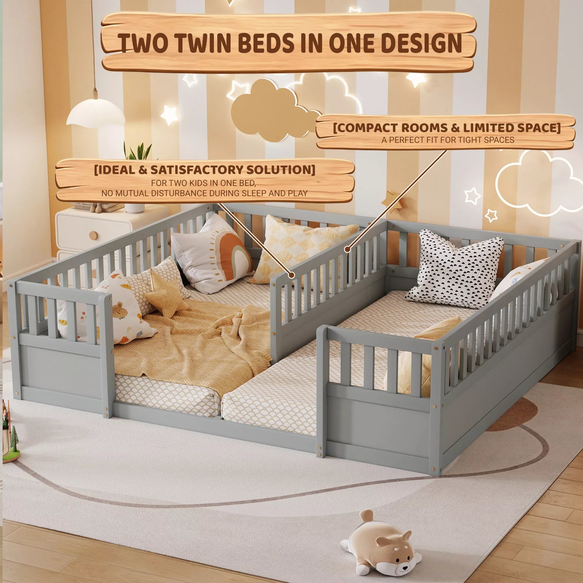 Twin floor bed frame for siblings with low profile design