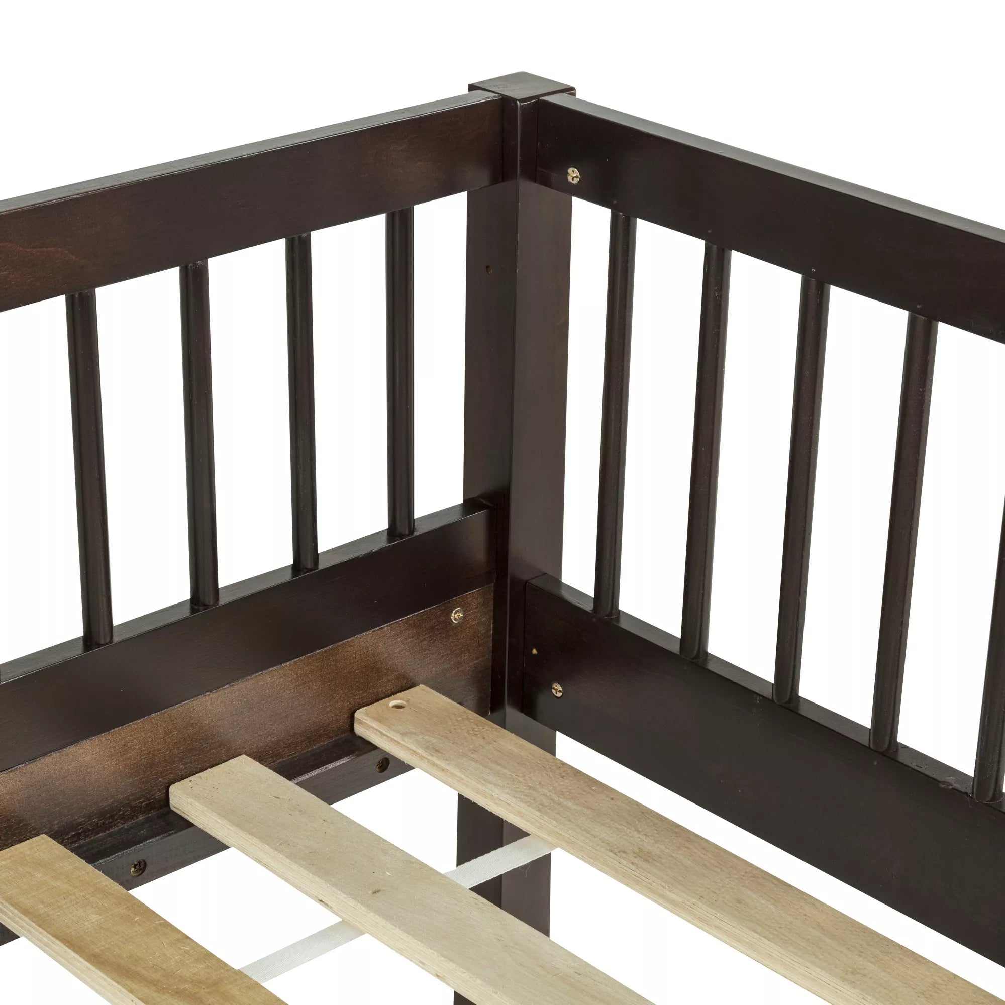Close-up of the wooden bunk bed corner post, guardrail and bed slats